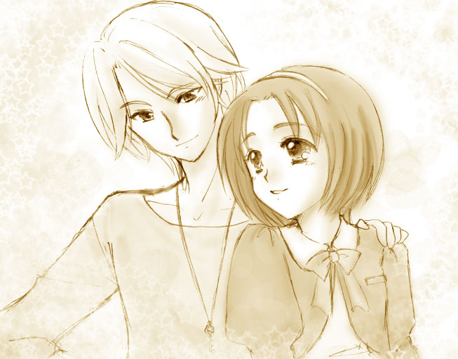 character_request, couple, hairband, hand_on_shoulder, happy, jewelry, monochrome, natts