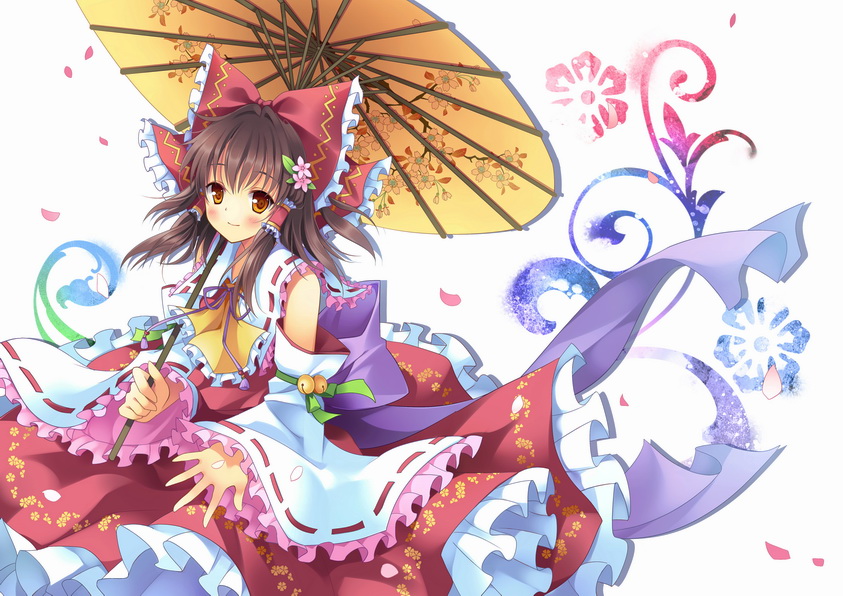 bare_shoulders, bell, blush, bow, brown_eyes, brown_hair, colorful, detached_sleeves, embellished_costume, floral_print, frills, hair_bow, hair_ornament, hair_tubes, hakurei_reimu, jingle_bell, large_bow, looking_at_viewer, miko, orange_eyes, oriental_umbrella, outstretched_hand, ribbon, rie_(artist), rie_(reverie), short_hair, solo, touhou, umbrella
