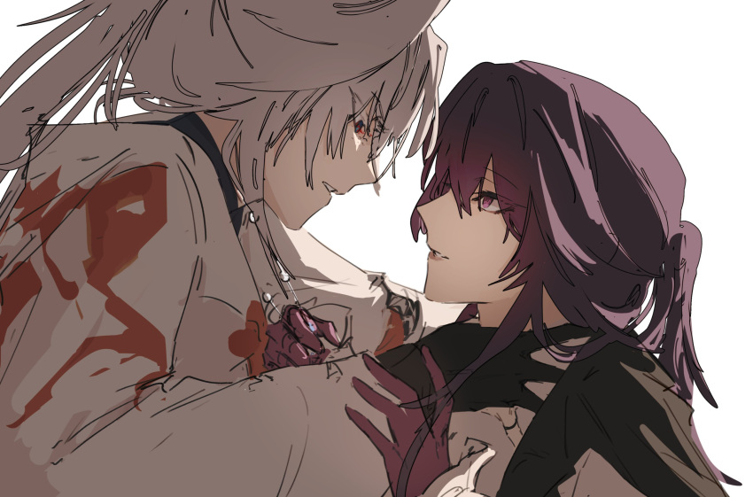 2girls, black_gloves, brenn_(idwytl), commentary, feixiao_(honkai:_star_rail), from_side, gloves, hand_on_another's_neck