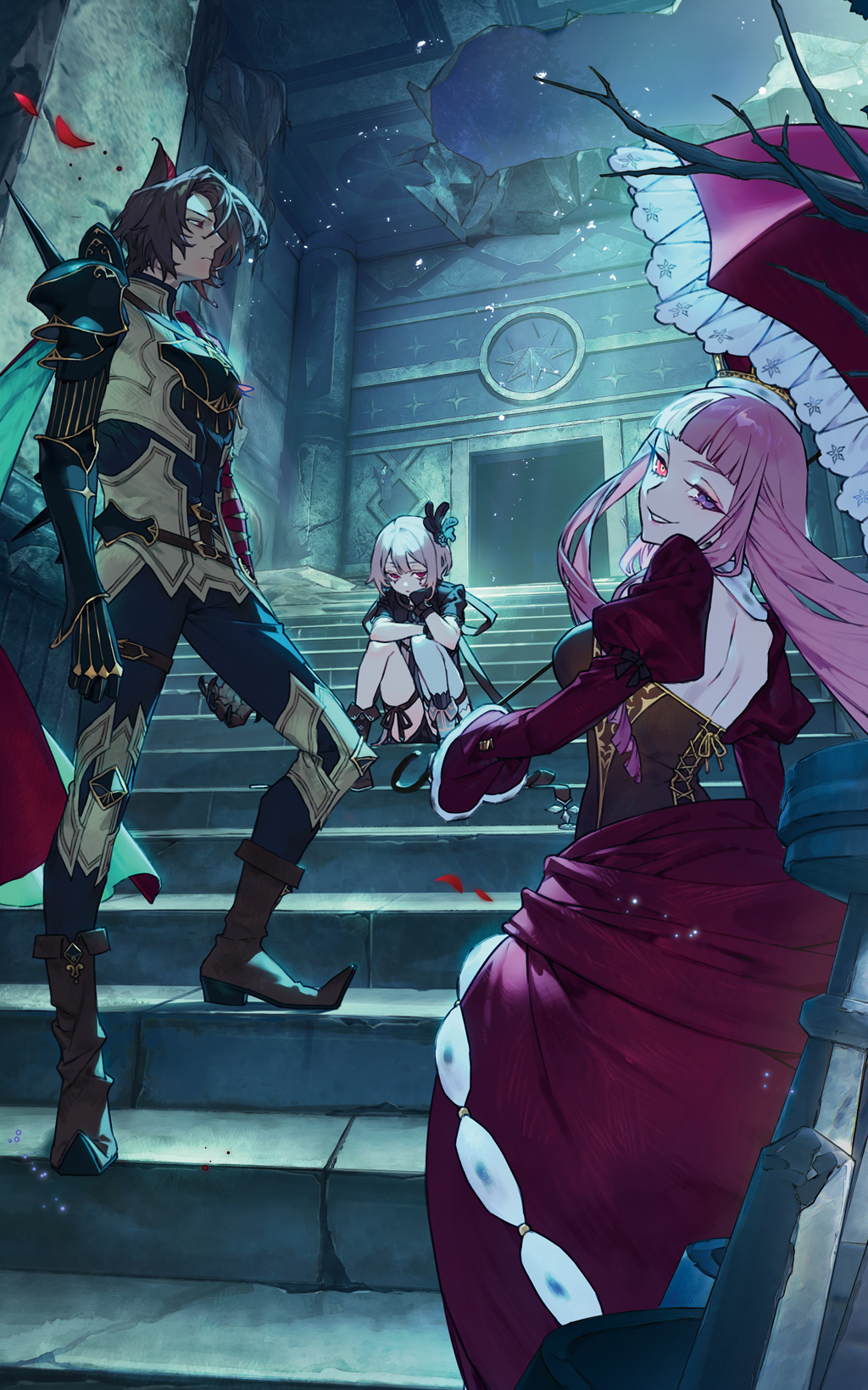 1boy, 2girls, animal_ears, armor, atelier_(series), atelier_resleriana, back_cutout, belt