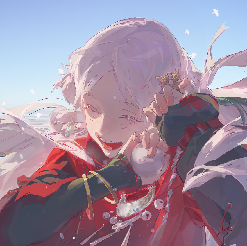 1girl, ^_^, absurdres, blue_sky, closed_eyes, day, floating_hair, guilongchao