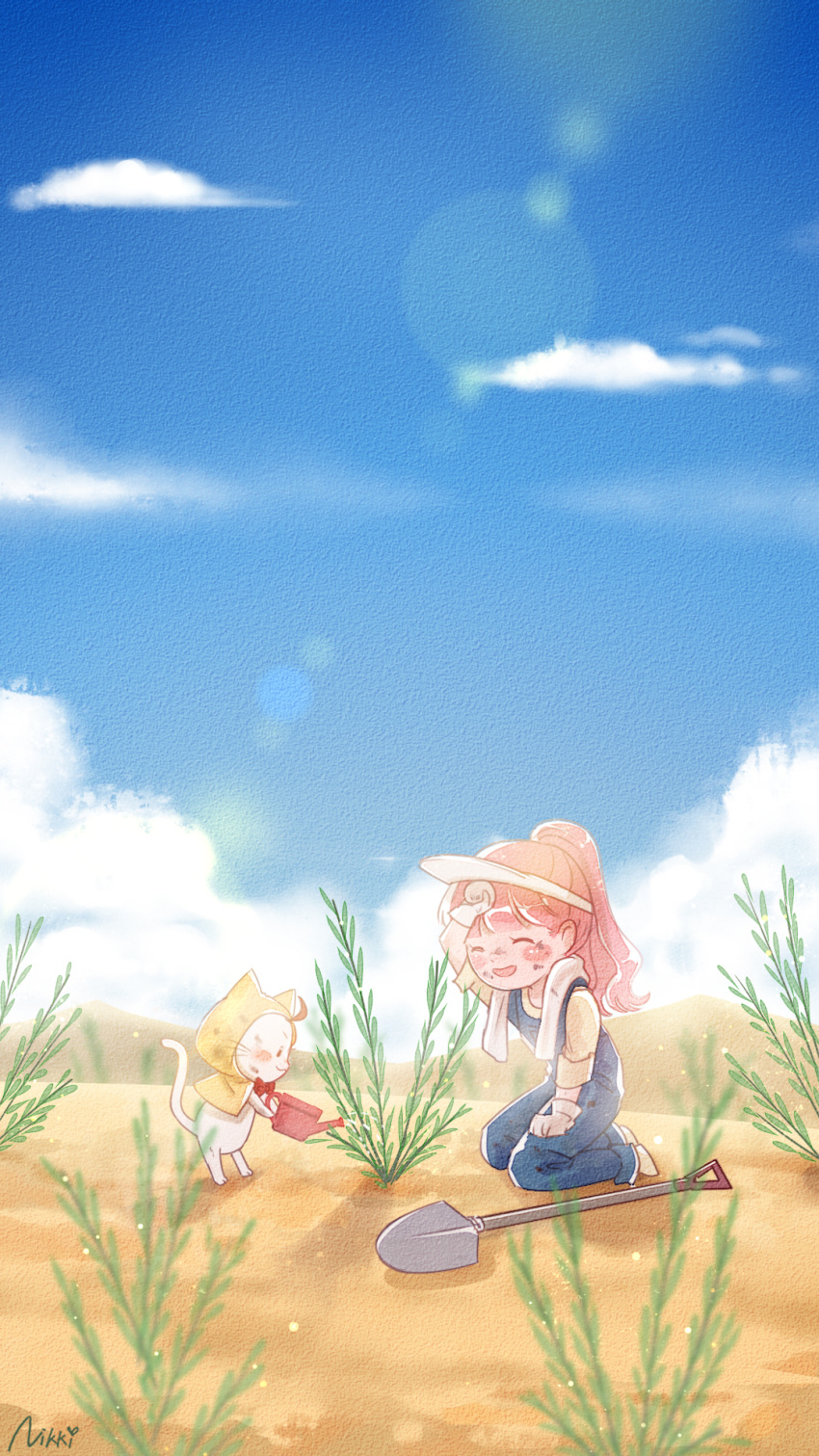 1girl, ^_^, animal, artist_request, blue_overalls, blue_sky, blush_stickers, bow, bowtie, capelet, cat, chinese_commentary, clenched_hands, closed_eyes, clothed_animal, clouds, commentary_request, day, desert, dirty, dirty_clothes, dirty_face, ear_covers, eyelashes, farming, gloves, hand_on_own_head, hand_on_own_thigh, hat, highres, holding, holding_watering_can, hood, hood_up, hooded_capelet, kneeling, lens_flare, light_particles, logos, long_hair, momo_(nikki), mountainous_horizon, nikki_(nikki), nikki_(series), official_art, open_mouth, outdoors, overalls, pink_hair, plant, ponytail, red_bow, red_bowtie, second-party_source, shadow, shining_nikki, shirt, shoes, shovel, sky, smile, sunlight, towel, towel_around_neck, visor_cap, watering, watering_can, whiskers, white_cat, white_footwear, white_gloves, white_hat, wiping_sweat, yellow_capelet, yellow_shirt