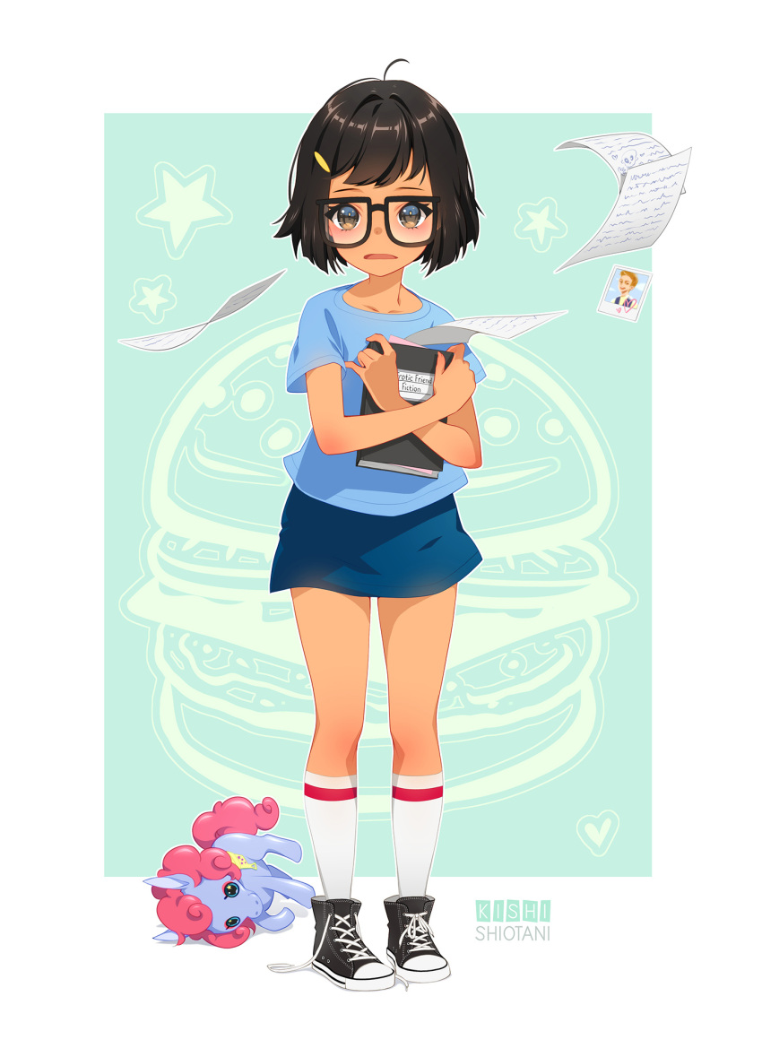 1girl, black_eyes, black_footwear, black_hair, blue_background, blue_shirt, blue_skirt, bob's_burgers