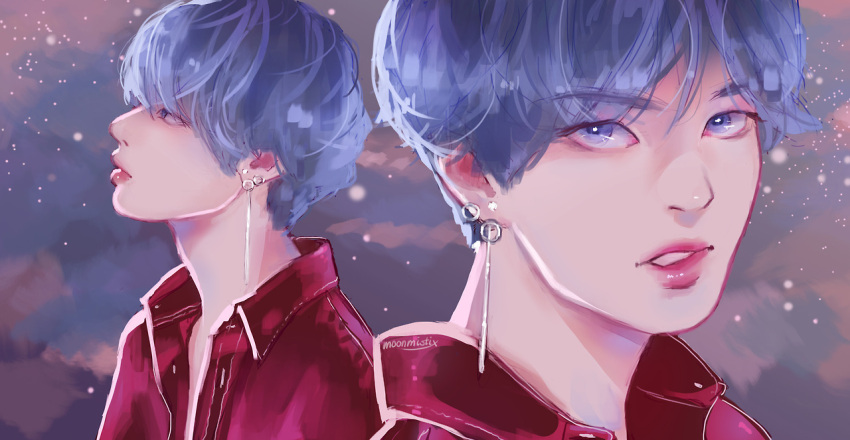1boy, bangtan_boys, commentary, earrings, jewelry, k-pop, looking_up, male_focus