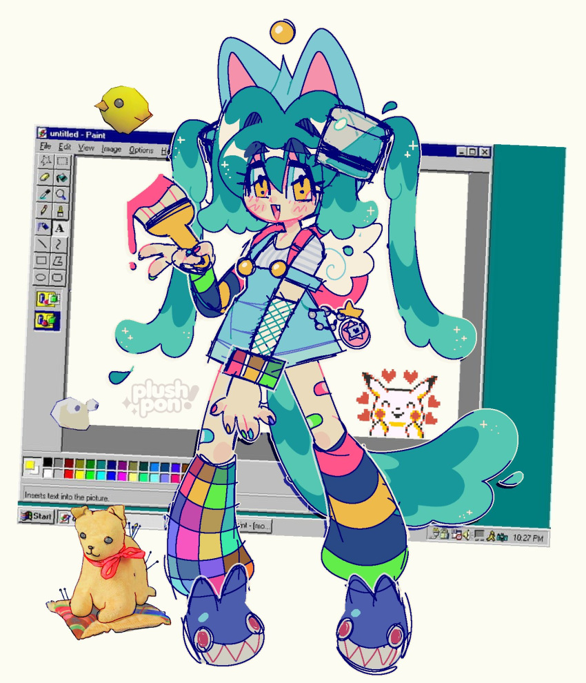 !-shaped_pupils, 1girl, aim_(messenger), animal_ears, aqua_hair, bandaid, cat_ears, cat_girl, cat_tail, charm_(object), commentary, desktop_(computing), english_commentary, full_body, highres, holding, holding_paintbrush, jaltoid, leg_warmers, long_hair, looking_at_viewer, microsoft_paint_(software), microsoft_windows, original, overalls, paintbrush, pikachu, pokemon, pokemon_rgby, solo, standing, stuffed_animal, stuffed_toy, symbol-shaped_pupils, tail, tamagotchi, tamagotchi_(classic), tamagotchi_(virtual_pet), taskbar, twintails, window_(computing), windows_95, wings, yellow_eyes