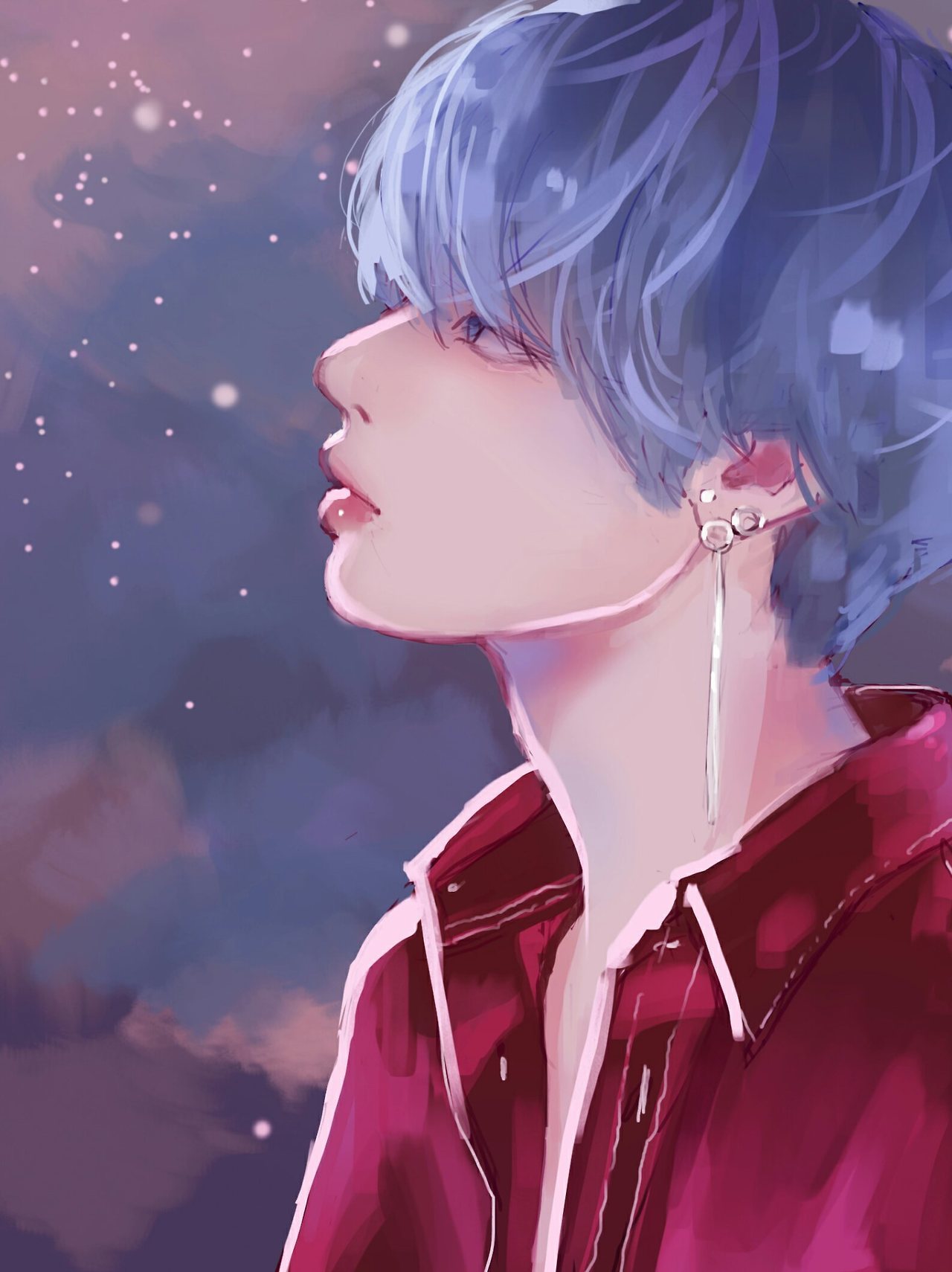 1boy, bangtan_boys, commentary, earrings, highres, jewelry, k-pop, looking_up