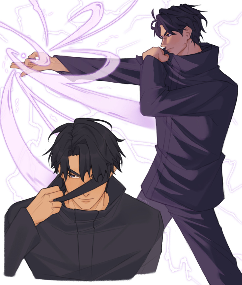 1boy, absurdres, attack, black_eyes, black_hair, black_jacket, black_pants, blindfold, blindfold_lift, closed_mouth, commentary, cosplay, english_commentary, gojou_satoru, gojou_satoru_(cosplay), hand_on_own_shoulder, highres, jacket, jujutsu_kaisen, long_sleeves, ltdntea, male_focus, multiple_views, omniscient_reader's_viewpoint, pants, yoo_joonghyuk