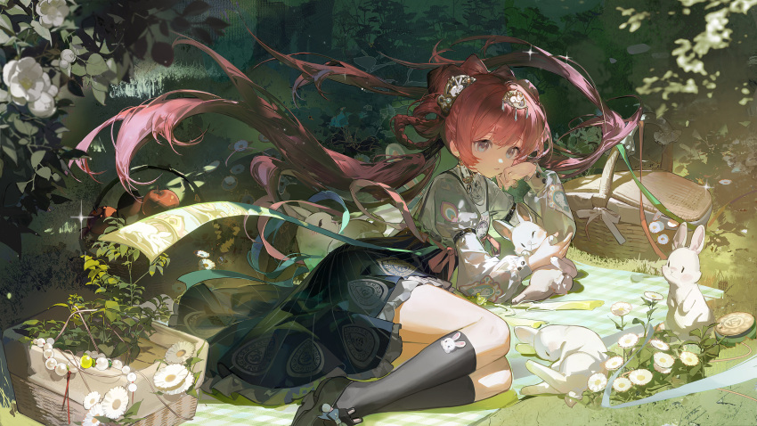 1girl, arm_belt, basket, belt, black_belt, black_footwear, black_skirt, black_socks