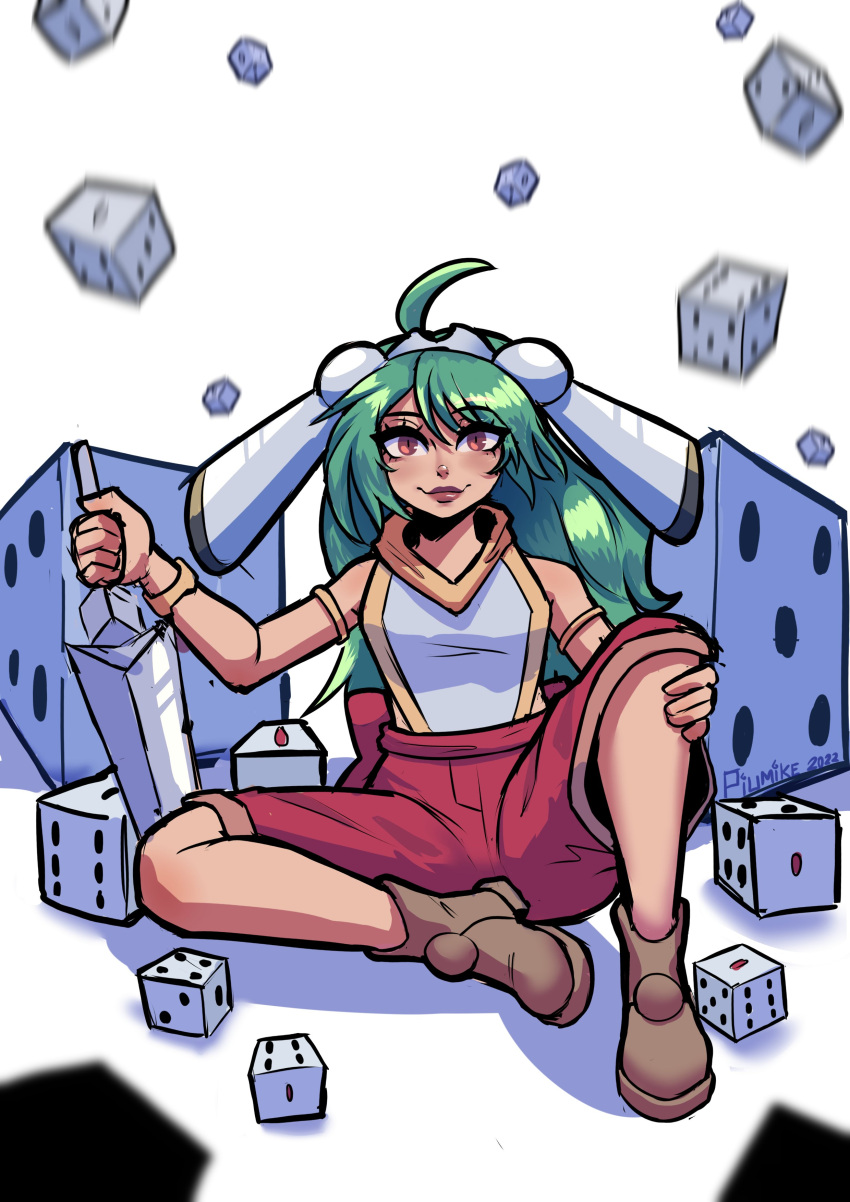 1girl, absurdres, ahoge, artist_name, brown_footwear, dice, dicing_knight, green_hair