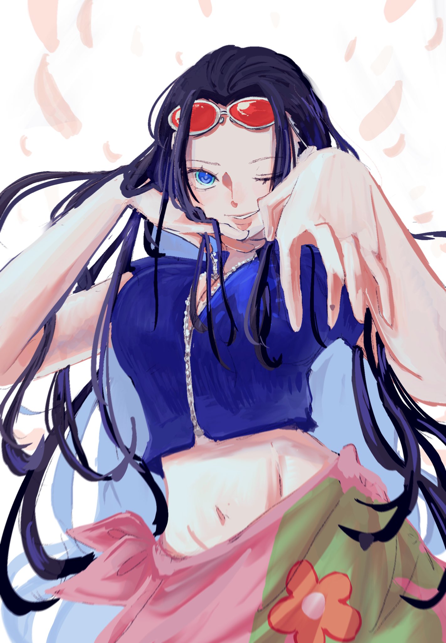 1girl, blue_eyes, blue_hair, blue_jacket, cowboy_shot, cropped_jacket, highres, jacket, long_hair, looking_at_viewer, navel, nico_robin, one_eye_closed, one_piece, petals, pink_sarong, ri_fanart, short_sleeves, sidelocks, smile, solo, sunglasses, zipper