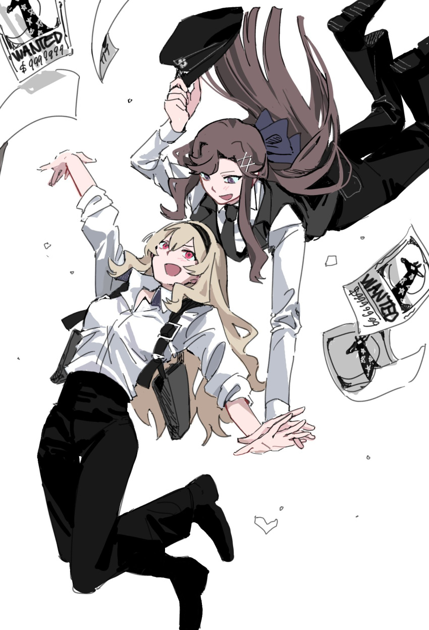 2girls, 9urodine, blonde_hair, bow, brown_hair, eye_contact, falling, floating