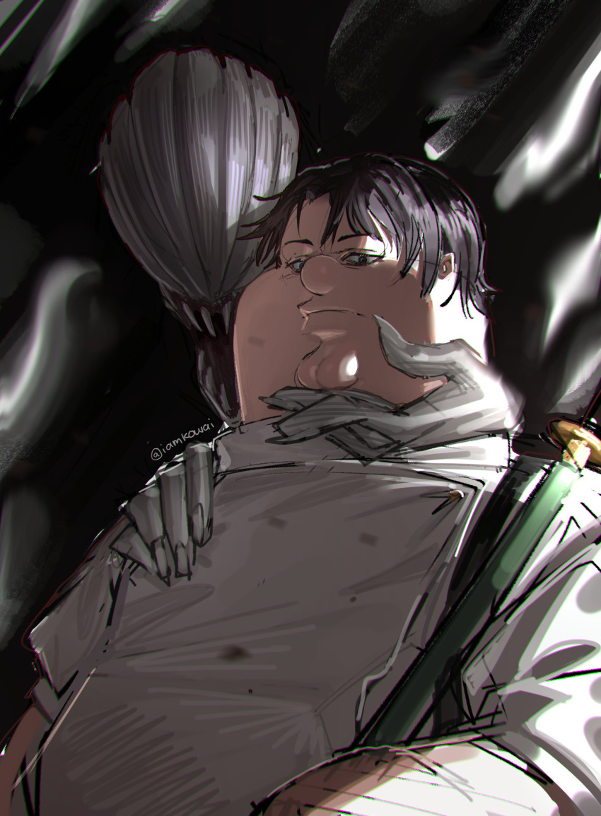 absurdres, black_eyes, black_hair, cleft_chin, closed_mouth, cosplay, family_guy, fat, fat_man, highres, jacket, jujutsu_kaisen, katana, kowai_(iamkowai), looking_at_viewer, okkotsu_yuuta, okkotsu_yuuta_(cosplay), orimoto_rika, peter_griffin, sharp_teeth, short_hair, sword, teeth, twitter_username, weapon, white_jacket