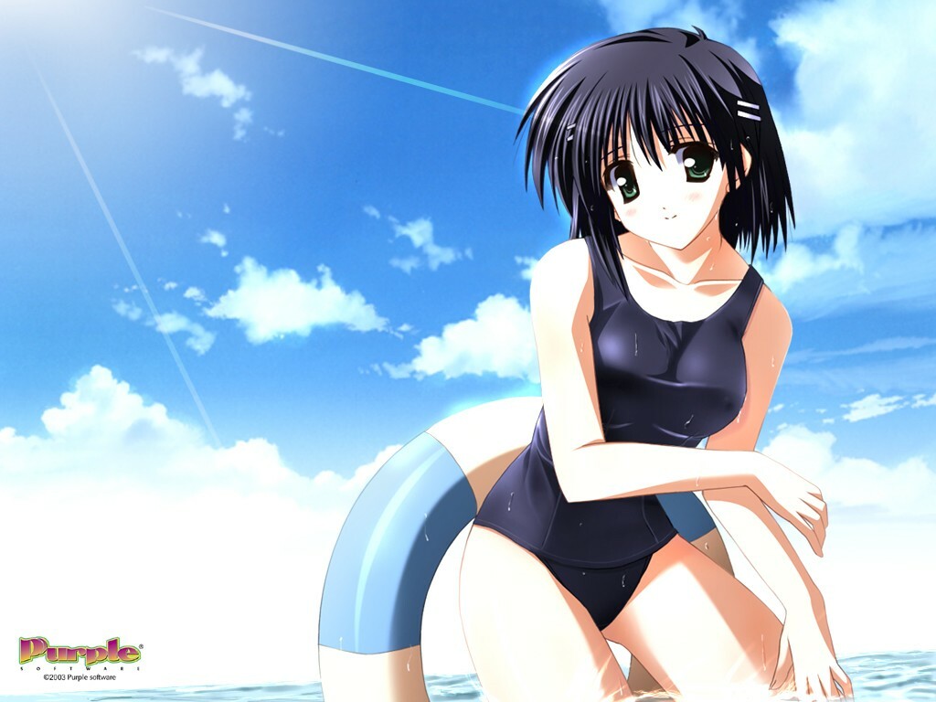 beach, black_hair, blush, cloud, green_eyes, hair_ornament, hairclip, innertube