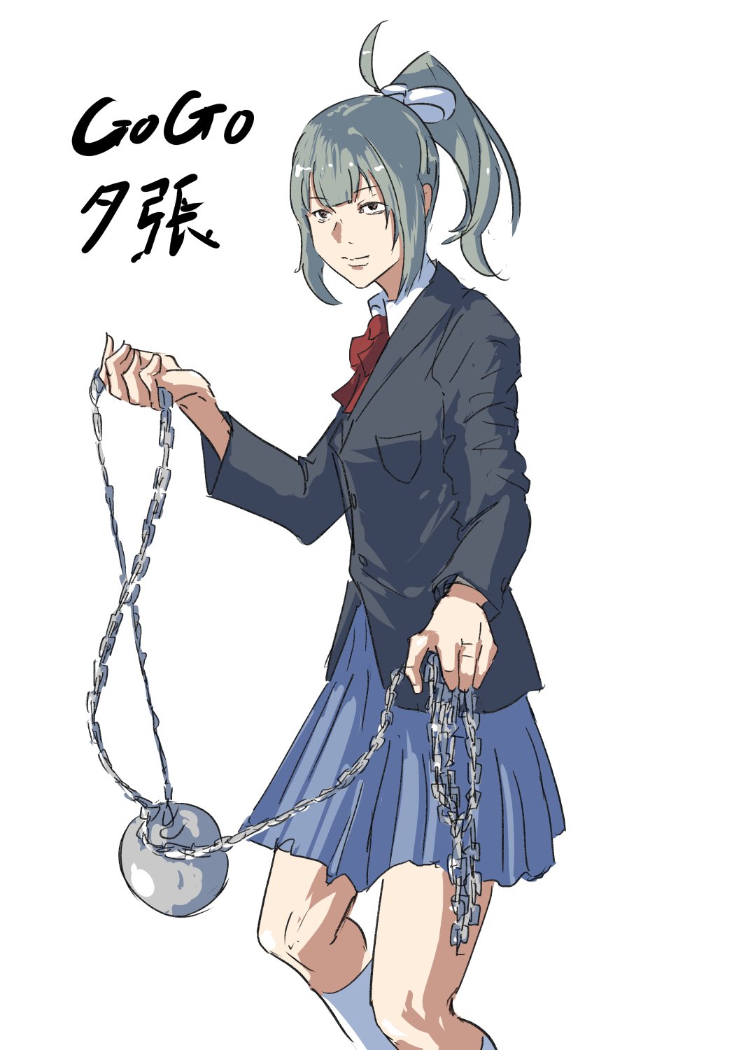 ball_and_chain_(weapon), black_hair, blazer, blue_skirt, bow, bowtie, collared_shirt, commentary_request, cosplay, dress_shirt, feet_out_of_frame, gogo_yubari, gogo_yubari_(cosplay), grey_hair, hashtag-only_commentary, highres, jacket, kantai_collection, kill_bill, long_hair, megakura_kinshi, name_connection, pleated_skirt, ponytail, red_bow, red_bowtie, shirt, simple_background, skirt, white_background, white_shirt, yuubari_(kancolle), yuubari_gogo, yuubari_gogo_(cosplay)