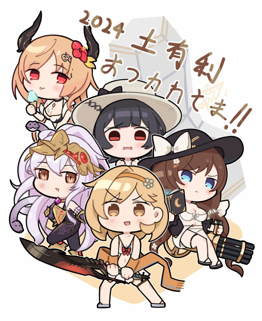 5girls, black_hair, blonde_hair, blue_eyes, book, brown_eyes, brown_hair, chibi