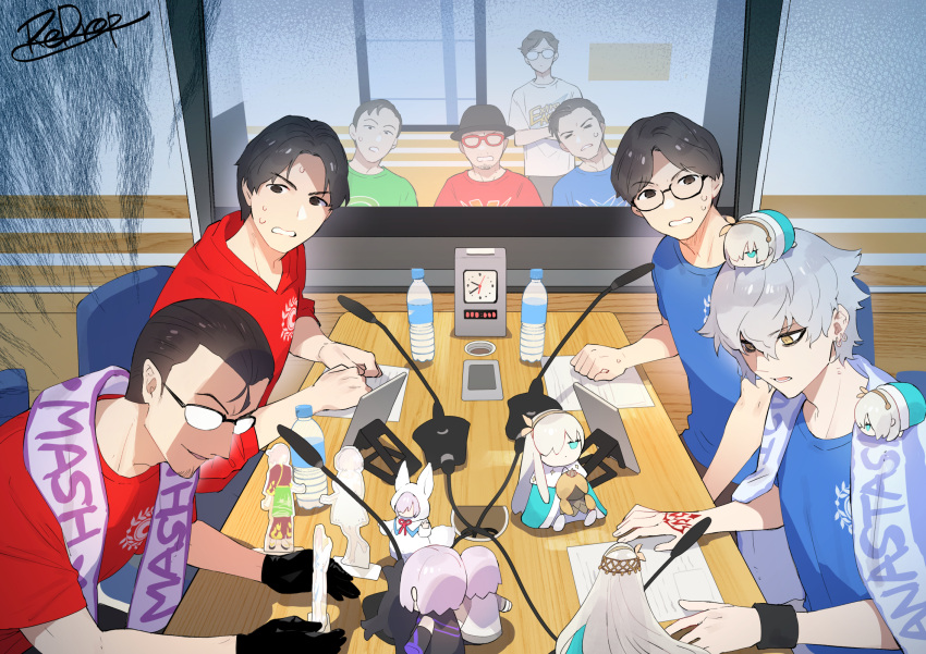 6+boys, acrylic_stand_(object), akabane_kenji, alternate_costume, anastasia_(fate), anjou_makoto, arts_shirt, aura