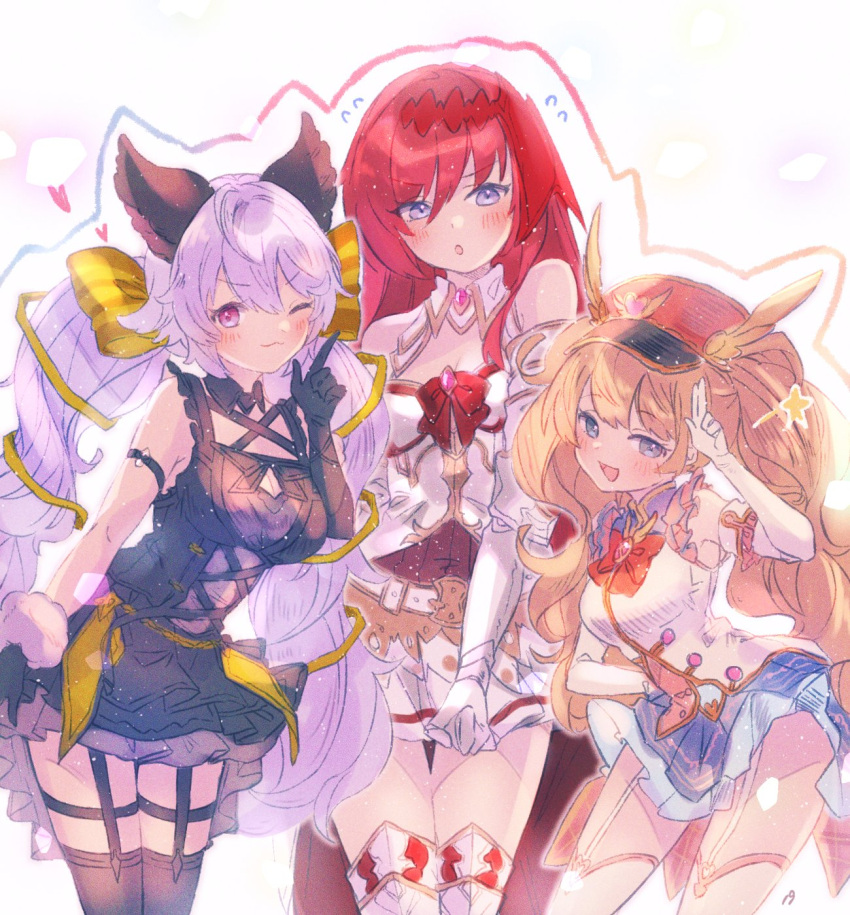 3girls, black_gloves, double-parted_bangs, gloves, godsworn_alexiel, granblue_fantasy, hair_between_eyes, highres, looking_at_viewer, misiaaa19, monika_weisswind_(valentine)_(granblue_fantasy), multiple_girls, one_eye_closed, post_guild_war_celebration, redhead, satyr_(granblue_fantasy), skirt, white_gloves