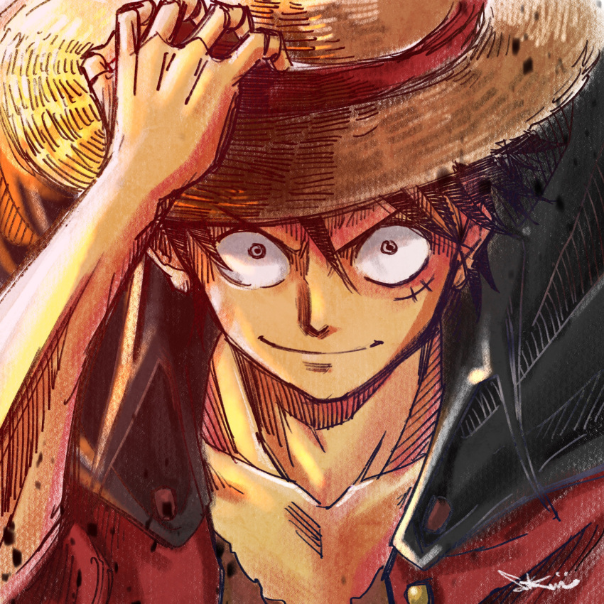 1boy, black_eyes, black_hair, closed_mouth, collarbone, commentary_request, english_commentary, hand_on_headwear