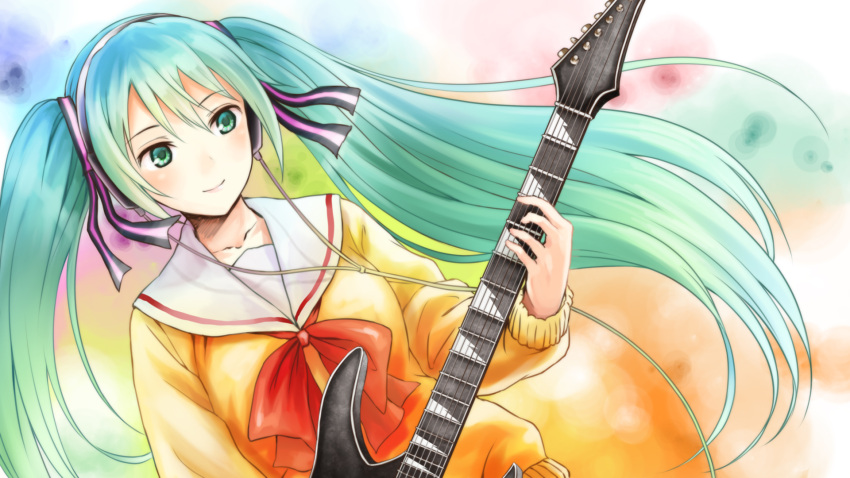 aqua_eyes, aqua_hair, blush, gradient_hair, guitar, hachi_shoku, hatsune_miku, highres