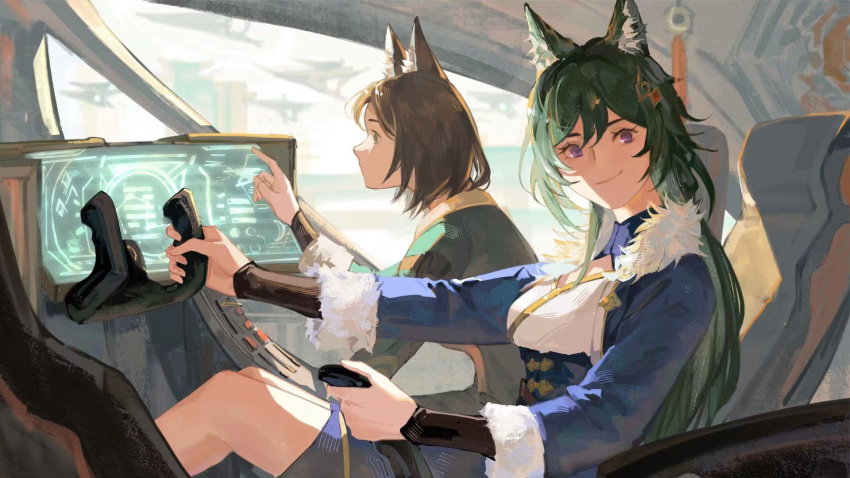 2girls, animal_ear_fluff, animal_ears, blue_jacket, brown_hair, caiyi_(honkai:_star_rail), chinese_commentary, commentary_request, fox_ears, fox_girl, green_hair, green_jacket, highres, honkai:_star_rail, honkai_(series), jacket, long_hair, medium_hair, multiple_girls, partial_commentary, piloting, screen, shirt, sitting, smile, violet_eyes, white_shirt, xiaodai227, yukong_(honkai:_star_rail)