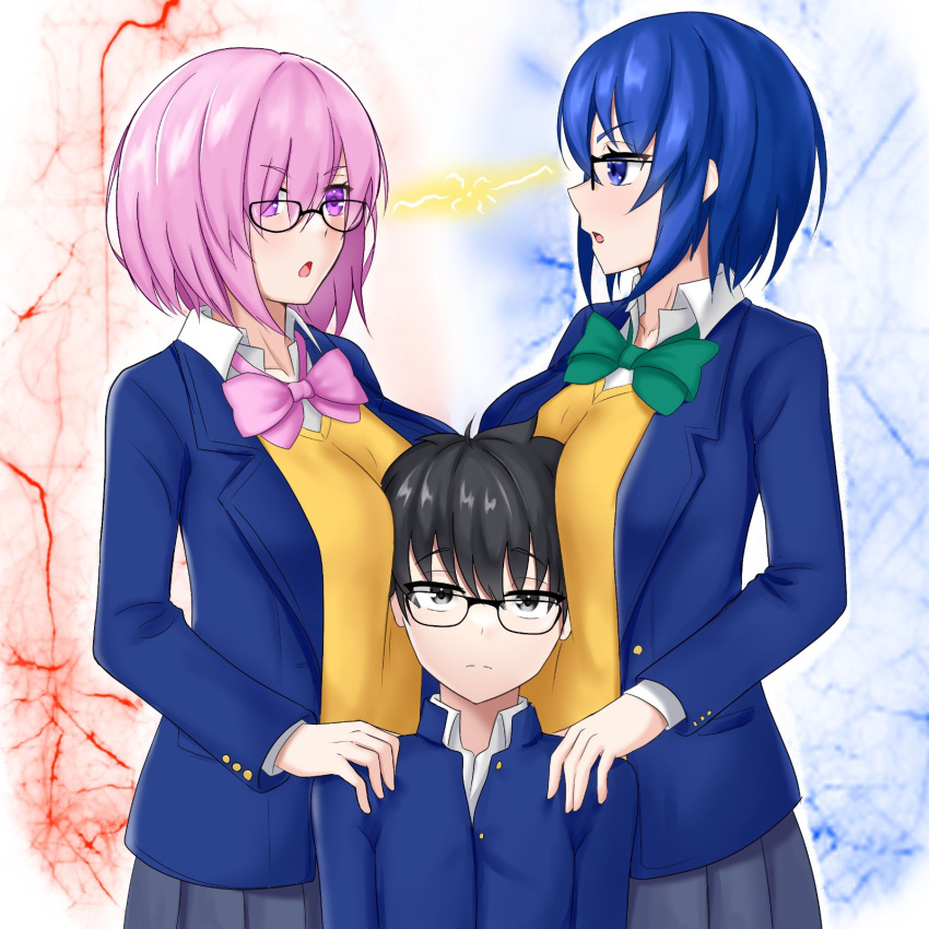 blue_hair, bob_cut_ant_girl_(harumina_mau), breast_press, ciel_(tsukihime), fate/grand_order, fate_(series), girl_sandwich, glasses
