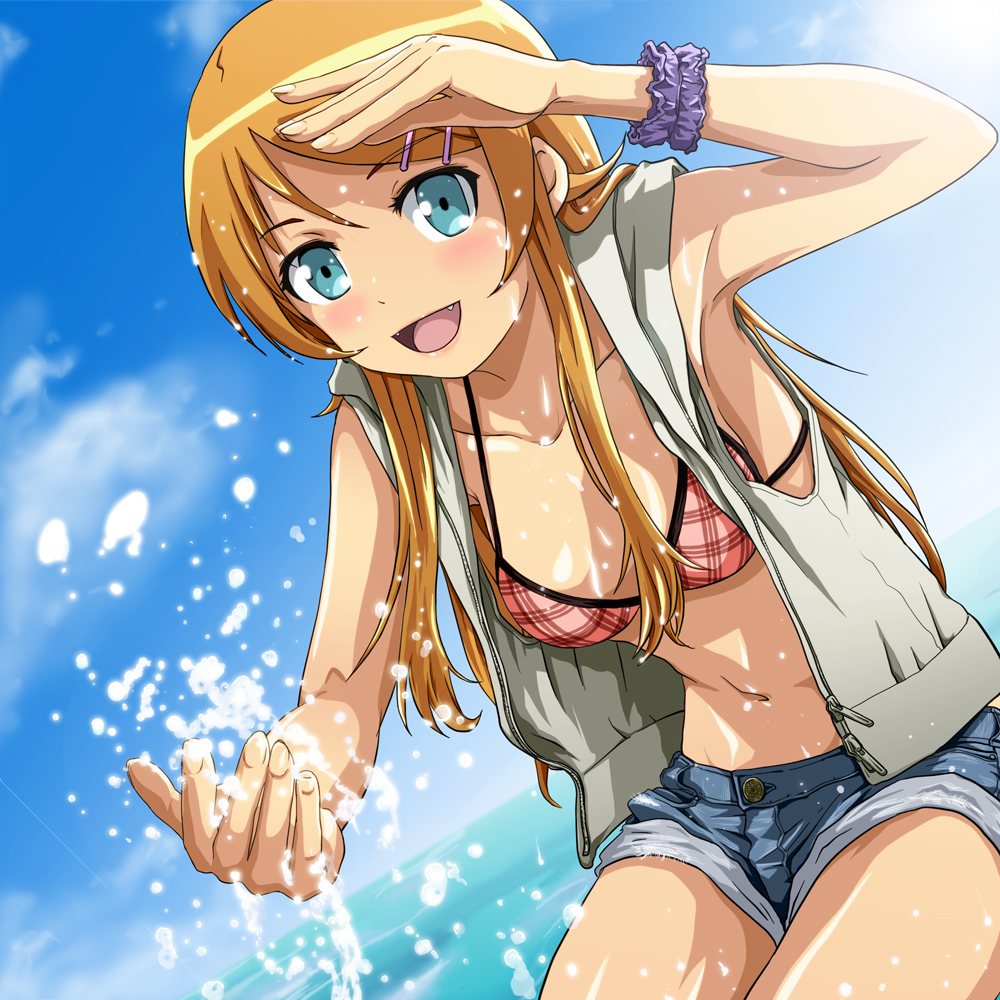 aqua_eyes, armpits, arms_up, bikini, blonde_hair, blush, breasts, brown_hair