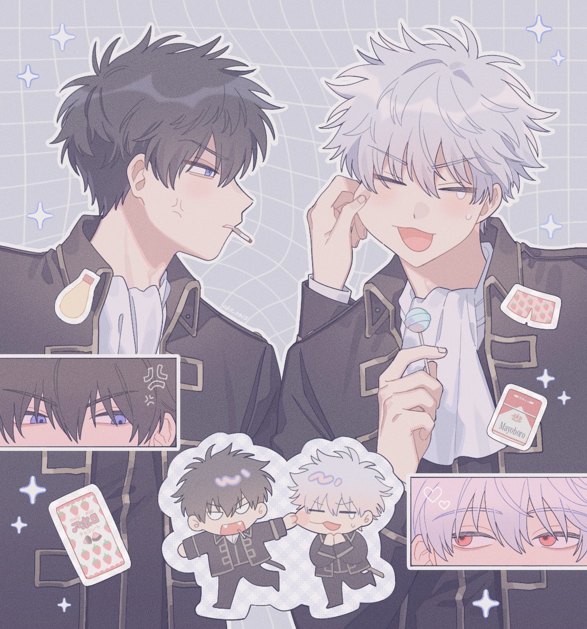 2boys, :3, akii_0915, anger_vein, ascot, black_hair, black_jacket, blank_eyes