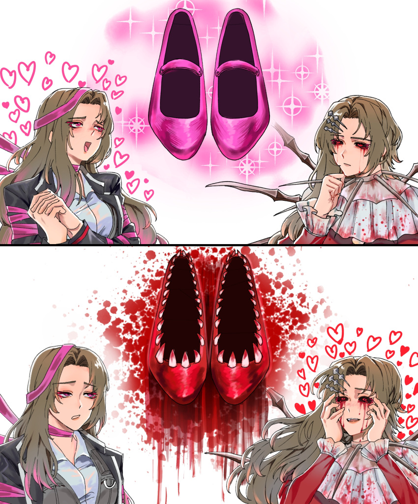 2girls, black_coat, black_sclera, black_vest, blood, blood_from_eyes, blood_on_clothes, breasts, brown_hair, coat, collared_shirt, colored_sclera, dress, dual_persona, e.g.o_(project_moon), frilled_sleeves, frills, hand_up, hands_up, heart, high_heels, highres, klack_rodyalove, lapels, large_breasts, limbus_company, long_hair, multiple_girls, notched_lapels, open_mouth, parted_bangs, pink_eyes, pink_ribbon, pink_shoes_(project_moon), project_moon, red_dress, red_eyes, red_footwear, ribbon, rodion_(project_moon), roseate_desire_(e.g.o), sanguine_desire_(e.g.o), shirt, shoes, simple_background, smile, sparkle, the_red_shoes_(project_moon), very_long_hair, vest, white_background, white_shirt