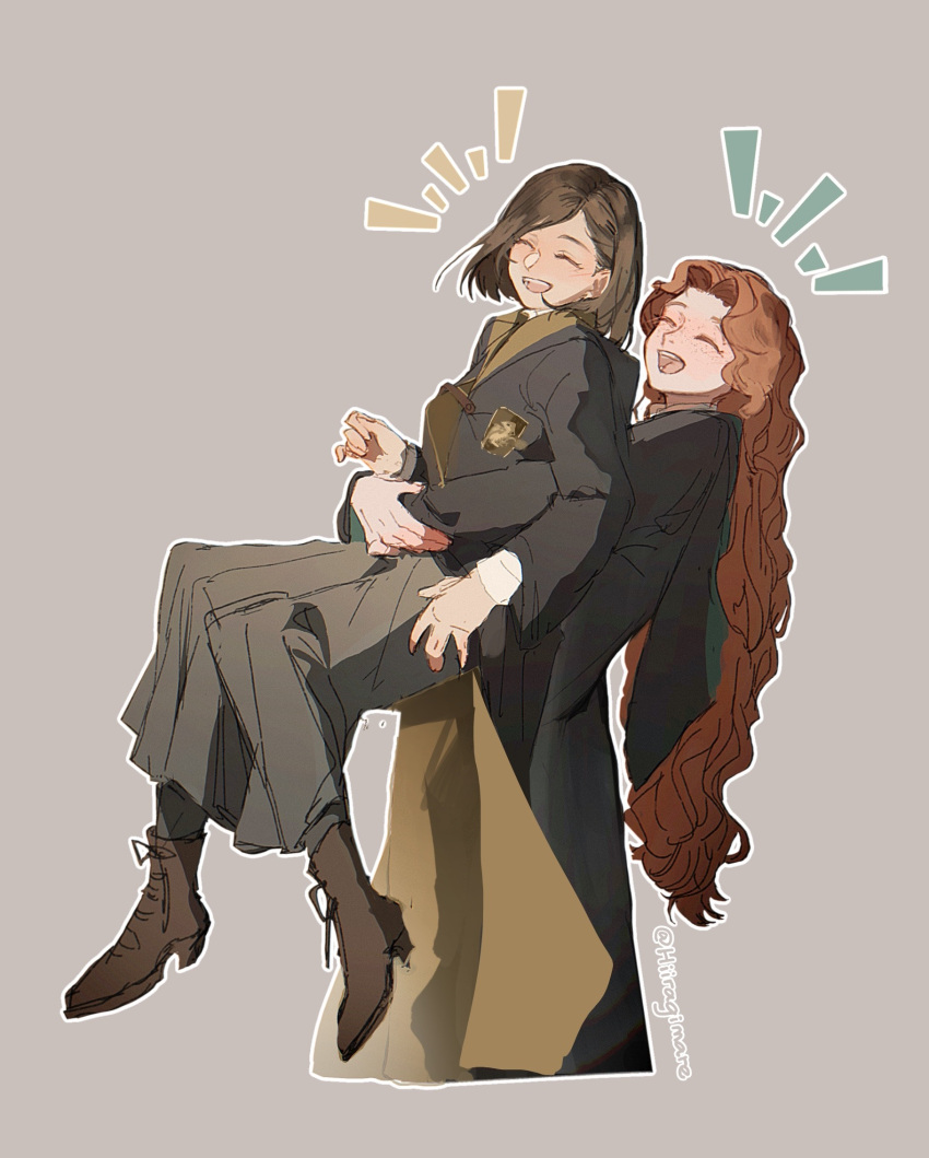 2girls, black_hair, black_robe, closed_eyes, commentary_request, freckles, grey_background, highres