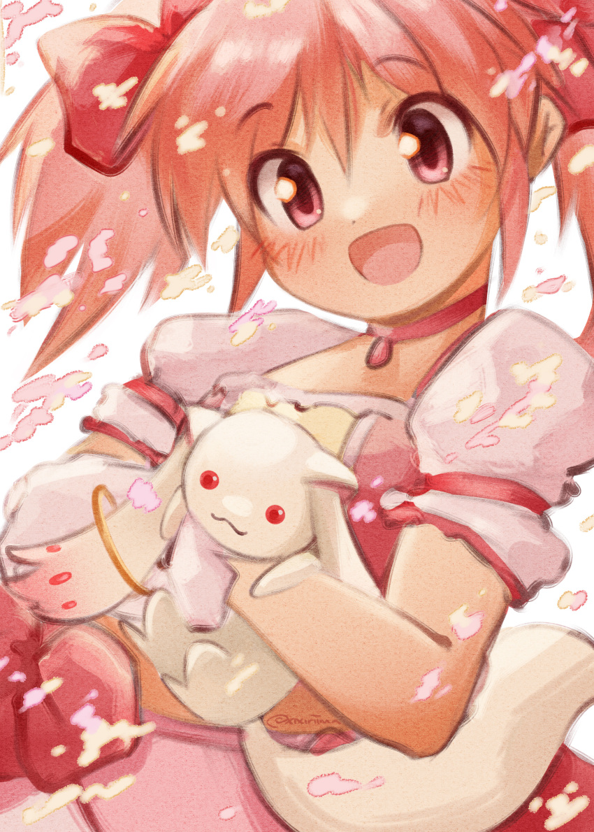 1girl, :d, absurdres, blush, bow, choker, creature, cross-eyed