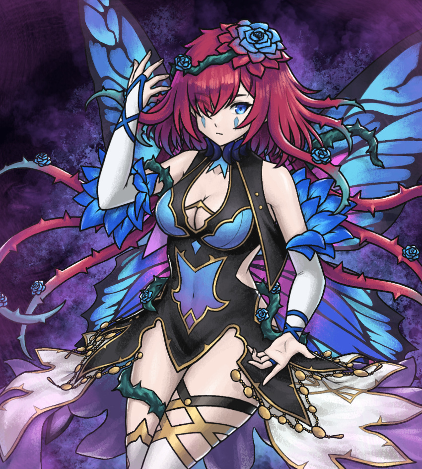 1girl, bare_shoulders, black_dress, blue_eyes, blue_wings, breasts, closed_mouth, covered_navel, detached_sleeves, dress, facial_mark, fairy_wings, fire_emblem, fire_emblem_heroes, flower, gold_trim, grimaisbestwaifu, hair_flower, hair_ornament, hair_over_one_eye, hair_vines, highres, long_hair, looking_at_viewer, medium_breasts, mixed-language_commentary, official_alternate_costume, redhead, short_dress, solo, thorns, triandra_(fire_emblem), triandra_(reverent_dream)_(fire_emblem), white_sleeves, wings