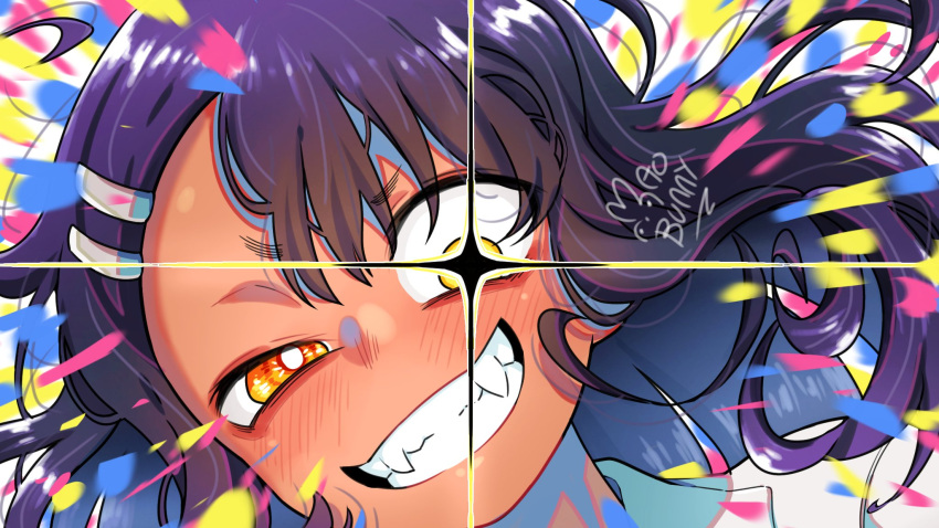 1girl, artist_name, black_hair, dark-skinned_female, dark_skin, fangs, grin, hair_ornament