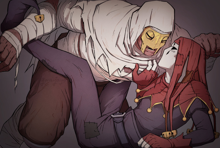 2boys, absurdres, arm_support, arm_up, bandaged_arm, bandaged_chest, bandages, bell