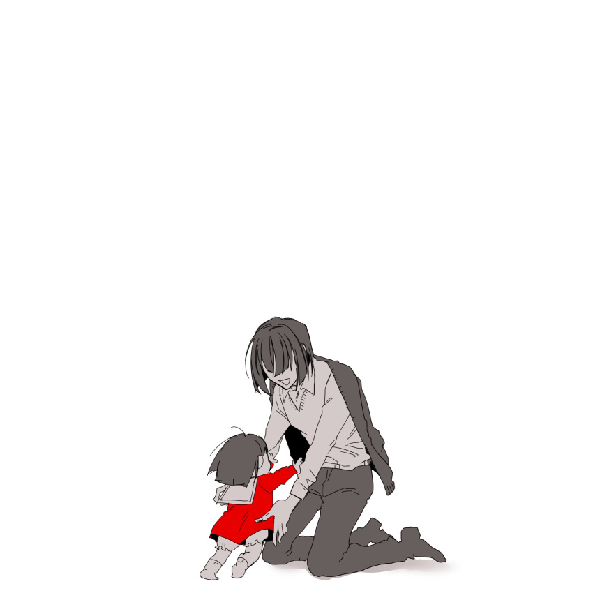 2girls, black_hair, dress, highres, jacket, jacket_on_shoulders, limbus_company, mother_and_daughter