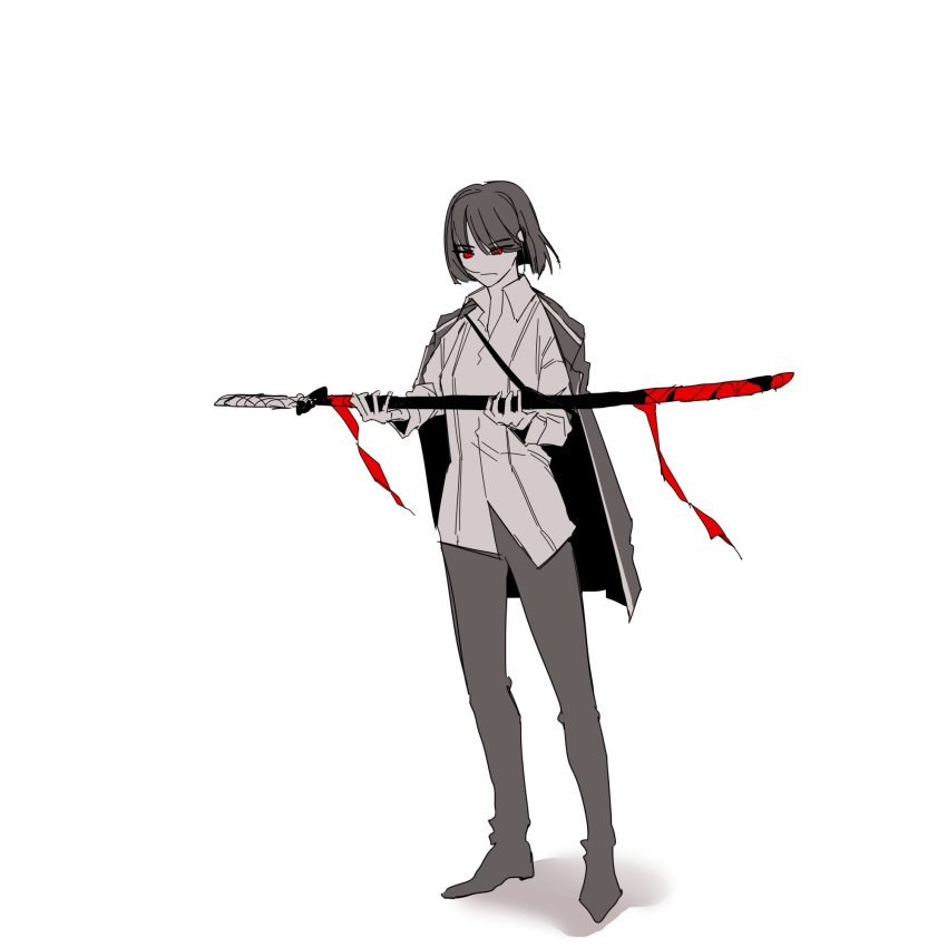 1girl, black_hair, highres, holding, holding_weapon, jacket, jacket_on_shoulders, limbus_company