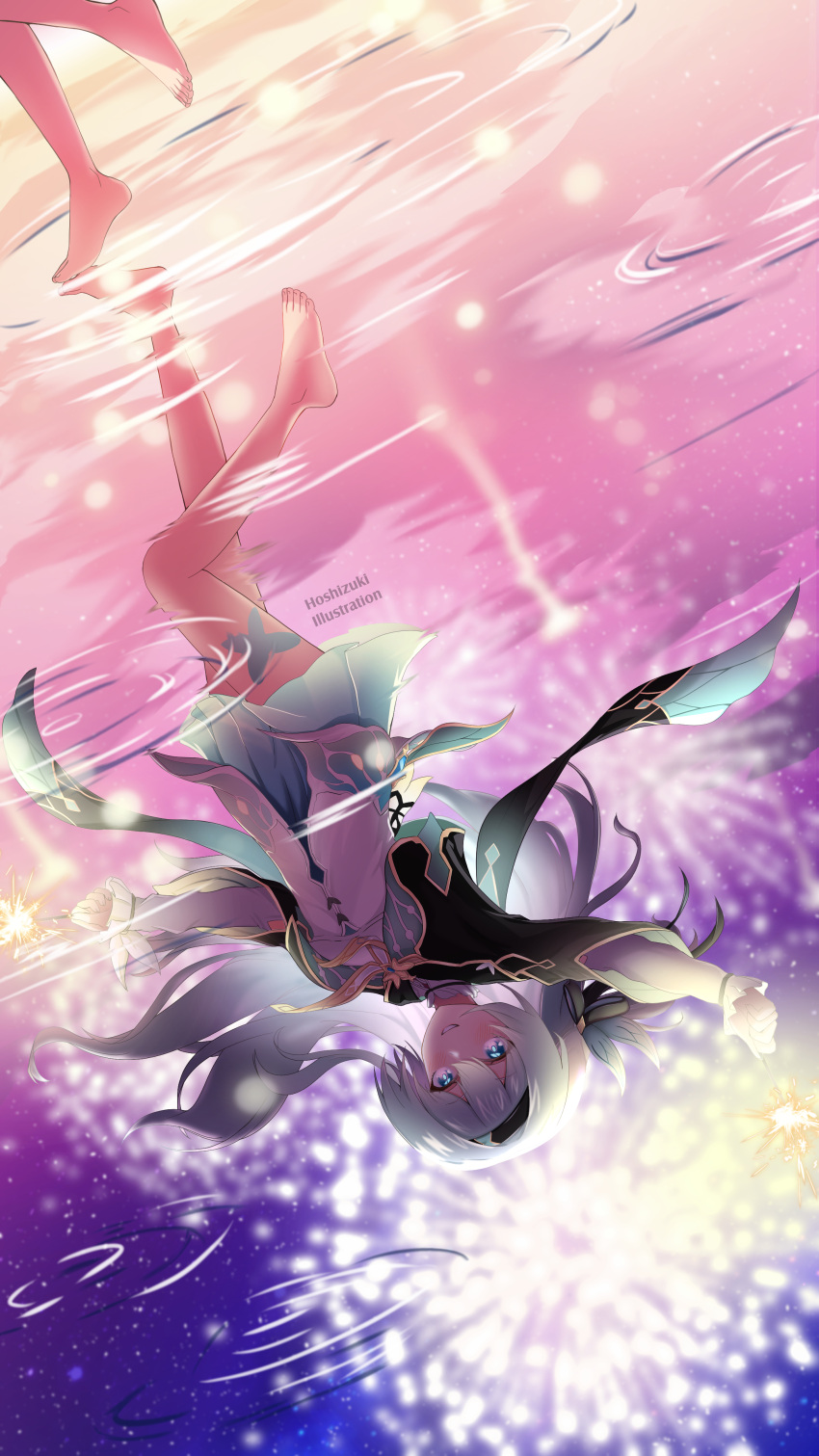 1girl, absurdres, aerial_fireworks, black_hairband, cropped_jacket, firefly_(honkai:_star_rail), fireworks, frilled_sleeves, frills, green_skirt, grey_hair, hair_between_eyes, hair_intakes, hairband, highres, holding, holding_fireworks, honkai:_star_rail, honkai_(series), hoshizukiii, long_hair, long_sleeves, looking_at_viewer, neckerchief, orange_neckerchief, outstretched_arms, skirt, smile, standing, standing_on_one_leg, two-tone_eyes, upside-down, water