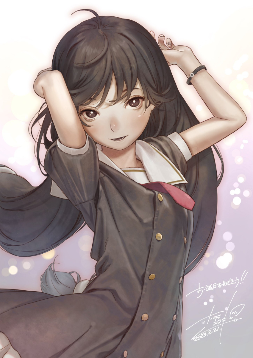 1girl, amamo_nemo, arms_up, black_dress, black_hair, bracelet, dress, highres