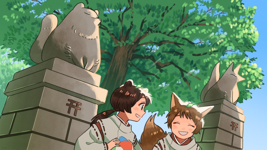 2girls, animal_ears, ball, beachball, brown_hair, commentary_request, fox_ears, fox_girl