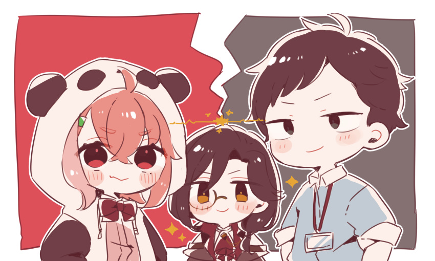 1girl, 2boys, ahoge, ascot, black_hair, black_jacket, blue_shirt, collared_shirt