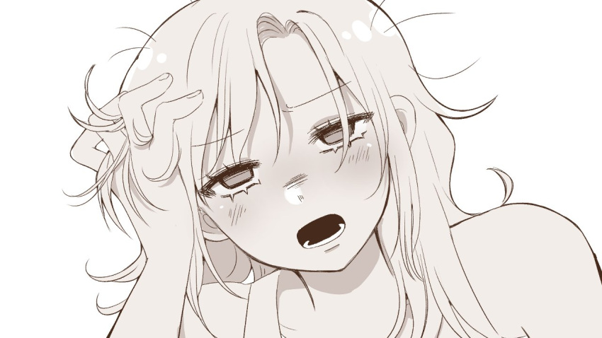 1girl, bare_shoulders, blush, emirichu, emirichu_(character), english_commentary, greyscale, hand_on_own_head, long_hair, lowered_eyelids, messy_hair, monochrome, open_mouth, real_life, sleepy, white_background