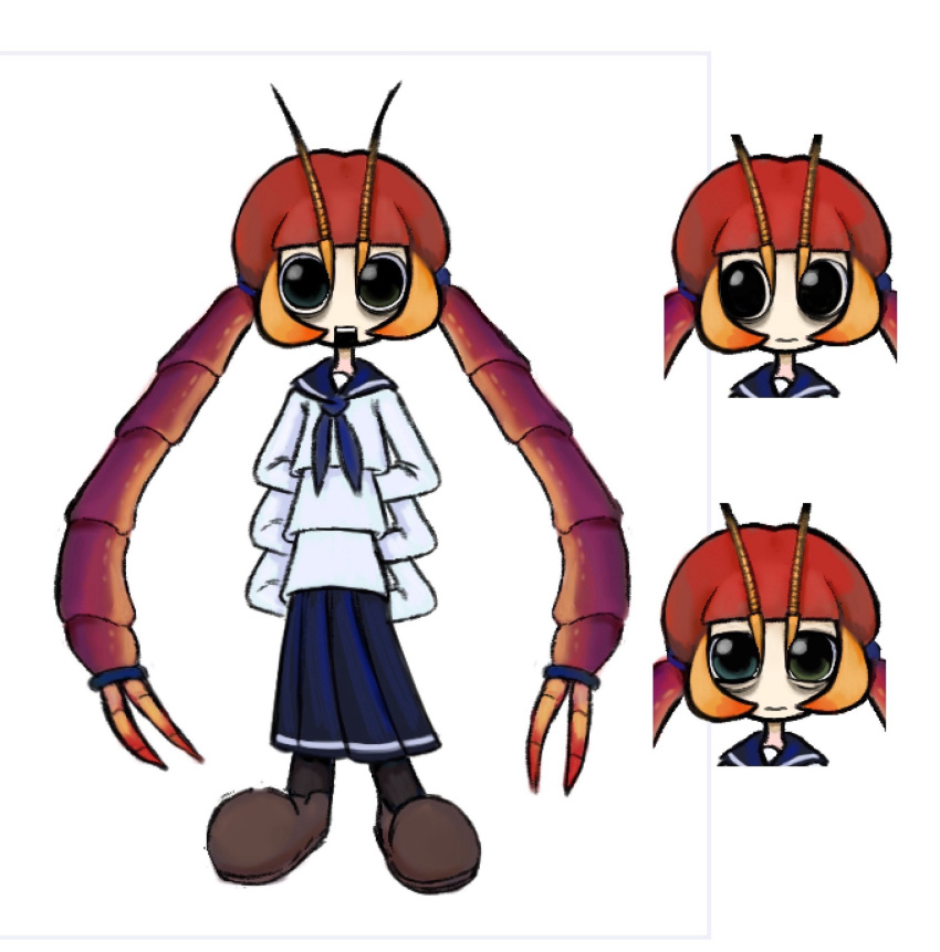 1girl, antennae, arthropod_girl, bags_under_eyes, black_eyes, bloopy, centipede_girl, extra_arms