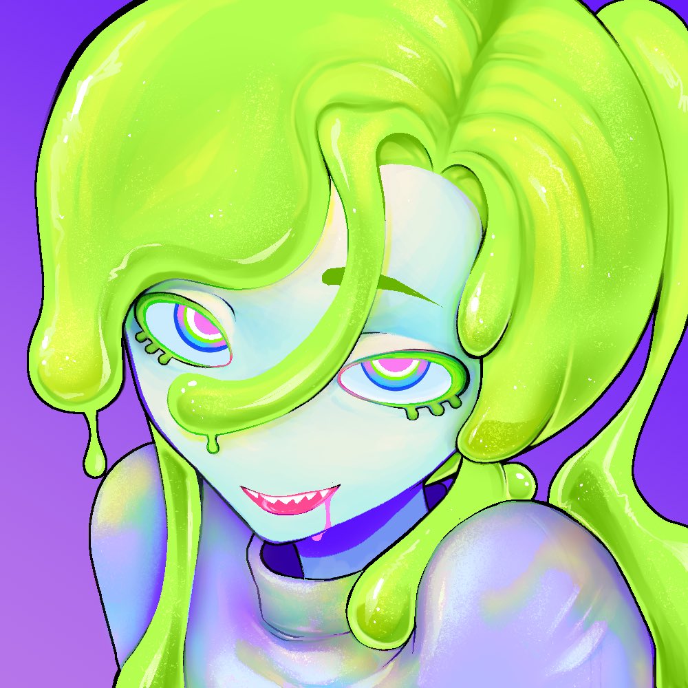 bloopy, colored_eyelashes, colored_skin, dripping, english_commentary, iridescent, looking_at_viewer, lower_eyelashes_only