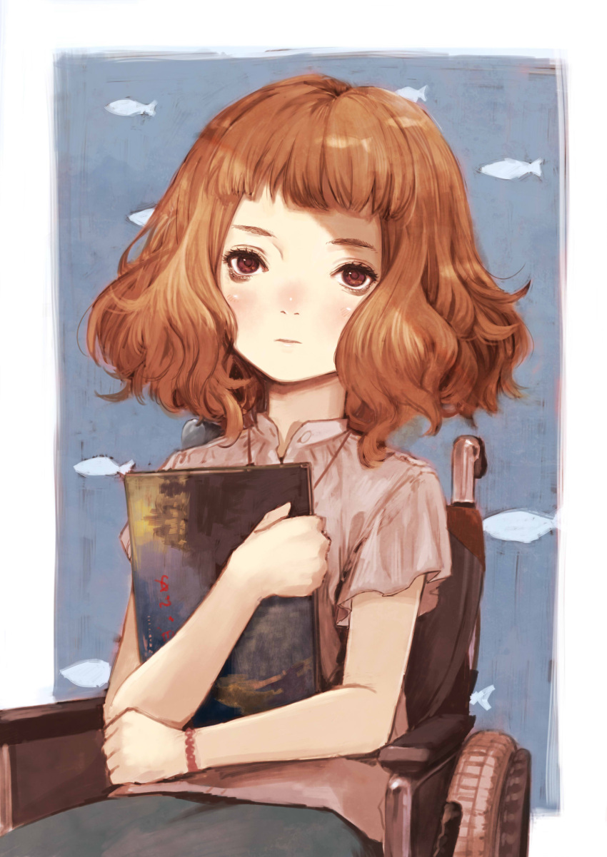 1girl, absurdres, blush, book, brown_eyes, brown_hair, commentary_request, expressionless