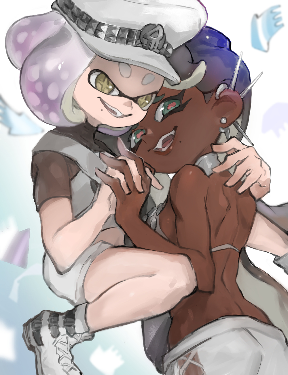 2girls, :d, aqua_eyes, back, bare_arms, bare_shoulders, bikini, bikini_top_only, black_hair, boots, breasts, cephalopod_eyes, cross-laced_footwear, cross-shaped_pupils, dark-skinned_female, dark_skin, earrings, furrowed_brow, ga4me4, gradient_hair, grey_bikini, hat, highres, horizontal_pupils, inkling, interlocked_fingers, jewelry, lace-up_boots, long_hair, marina_(splatoon), medium_breasts, mole, mole_under_mouth, multicolored_hair, multiple_girls, neck_ring, octoling, official_alternate_costume, open_mouth, peaked_cap, pearl_(splatoon), pink_hair, red_pupils, short_hair, shorts, smile, splatoon_(series), splatoon_3, swimsuit, symbol-shaped_pupils, teeth, tentacle_hair, two-tone_hair, white_footwear, white_hair, white_hat, white_shorts, yellow_eyes