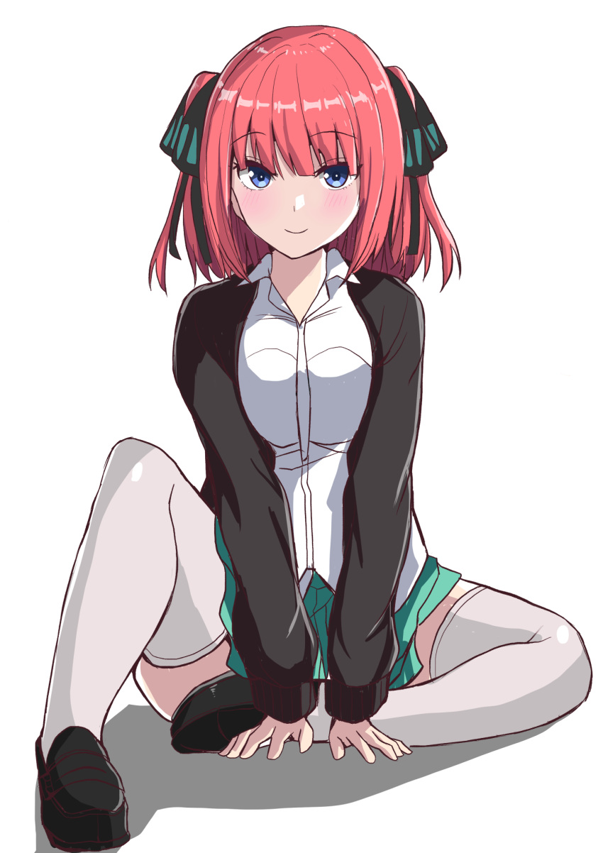 1girl, black_cardigan, black_footwear, black_ribbon, blue_eyes, blunt_bangs, blush, breasts