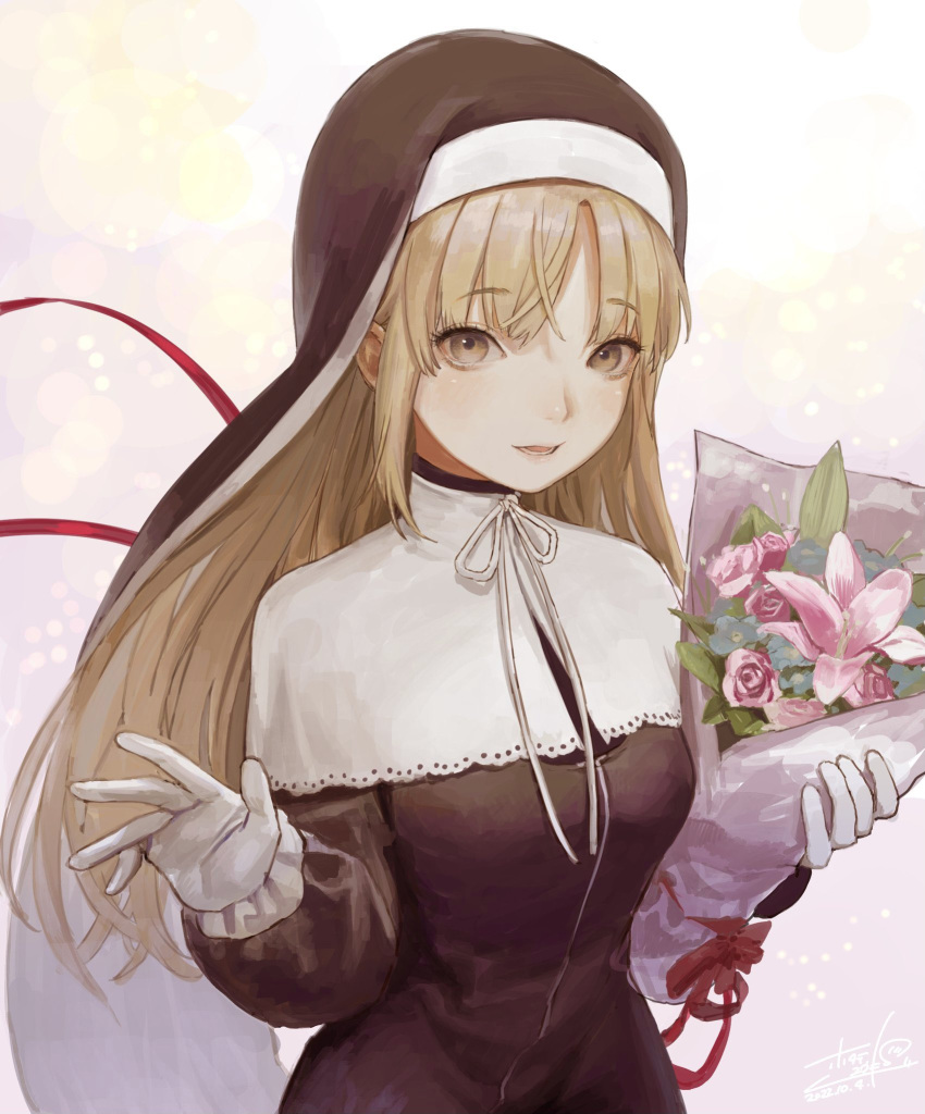 1girl, bouquet, brown_eyes, commentary_request, habit, highres, holding, holding_bouquet