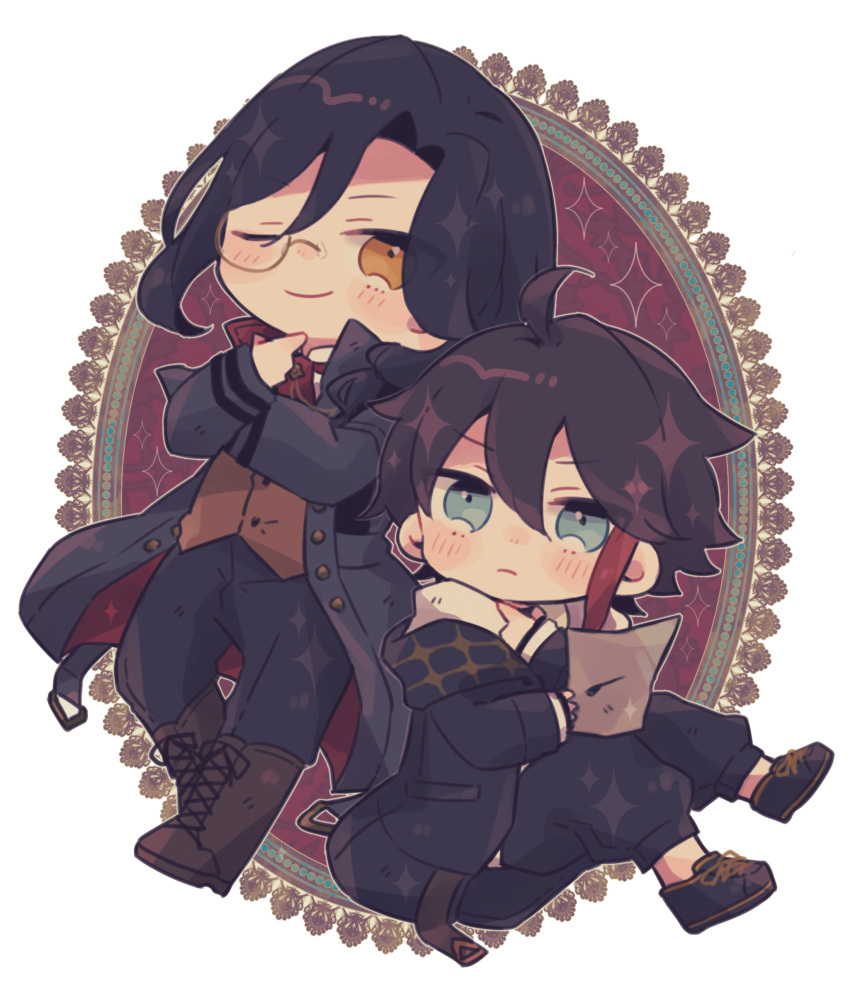 2boys, absurdres, ahoge, ascot, black_coat, black_hair, black_pants, blue_eyes