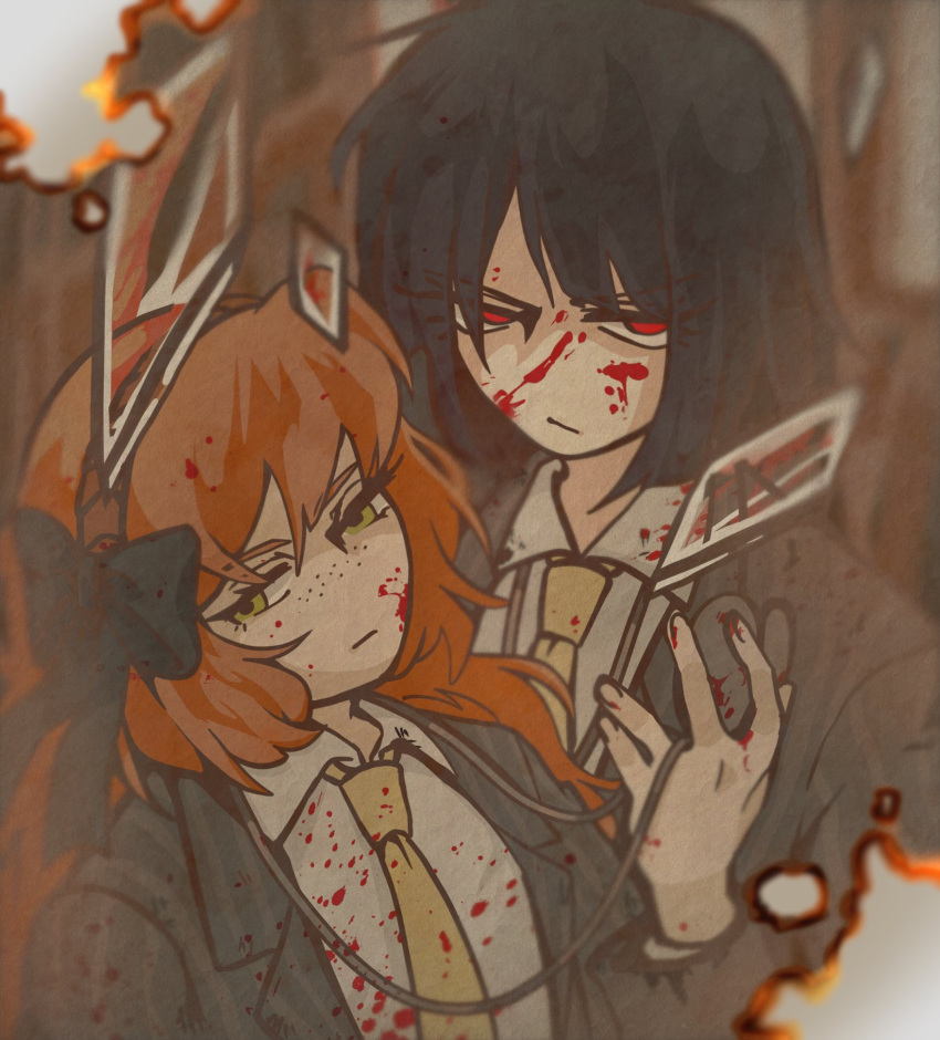 2girls, black_bow, black_hair, blood, blood_on_clothes, blood_on_face, bob_cut, bow