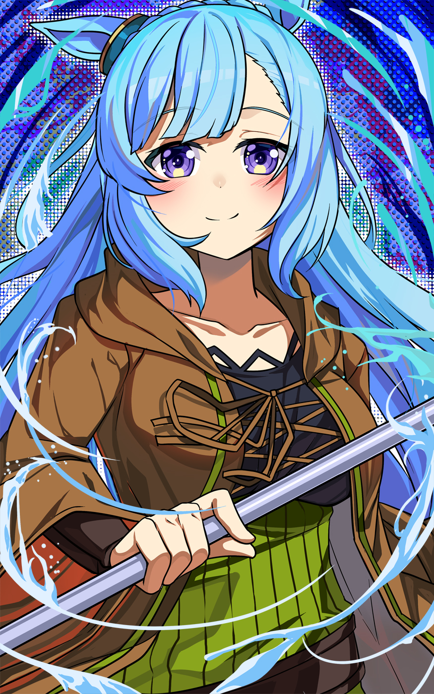 1girl, alternate_costume, animal_ears, blue_hair, collarbone, cosplay, eria_(yu-gi-oh!), eria_the_water_charmer