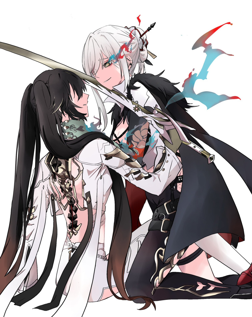 2girls, alpha_(punishing:_gray_raven), black_hair, clothing_cutout, flaming_eye, highres, holding, holding_sword